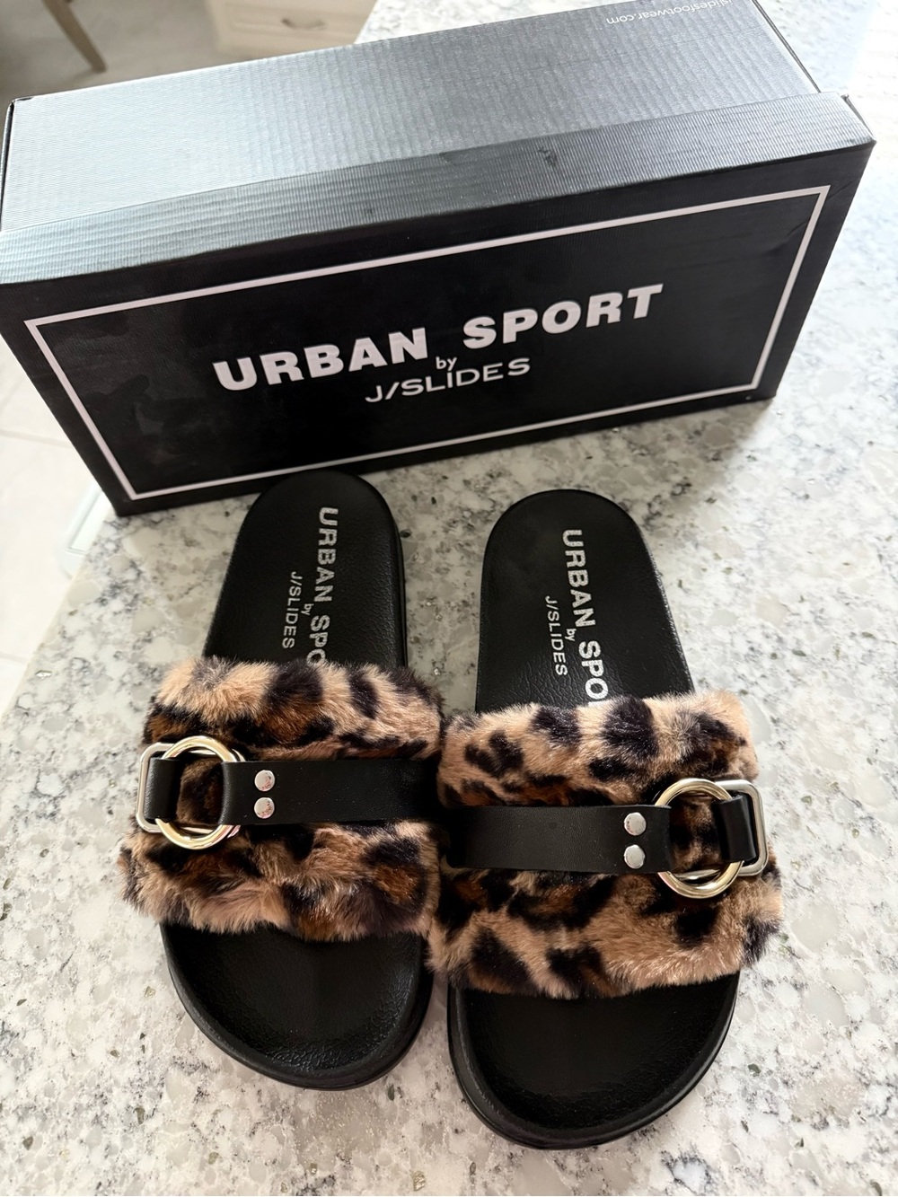 J Slides Urban Sport Leopard Print Faux Fur Slide Sandals - Brown/Black